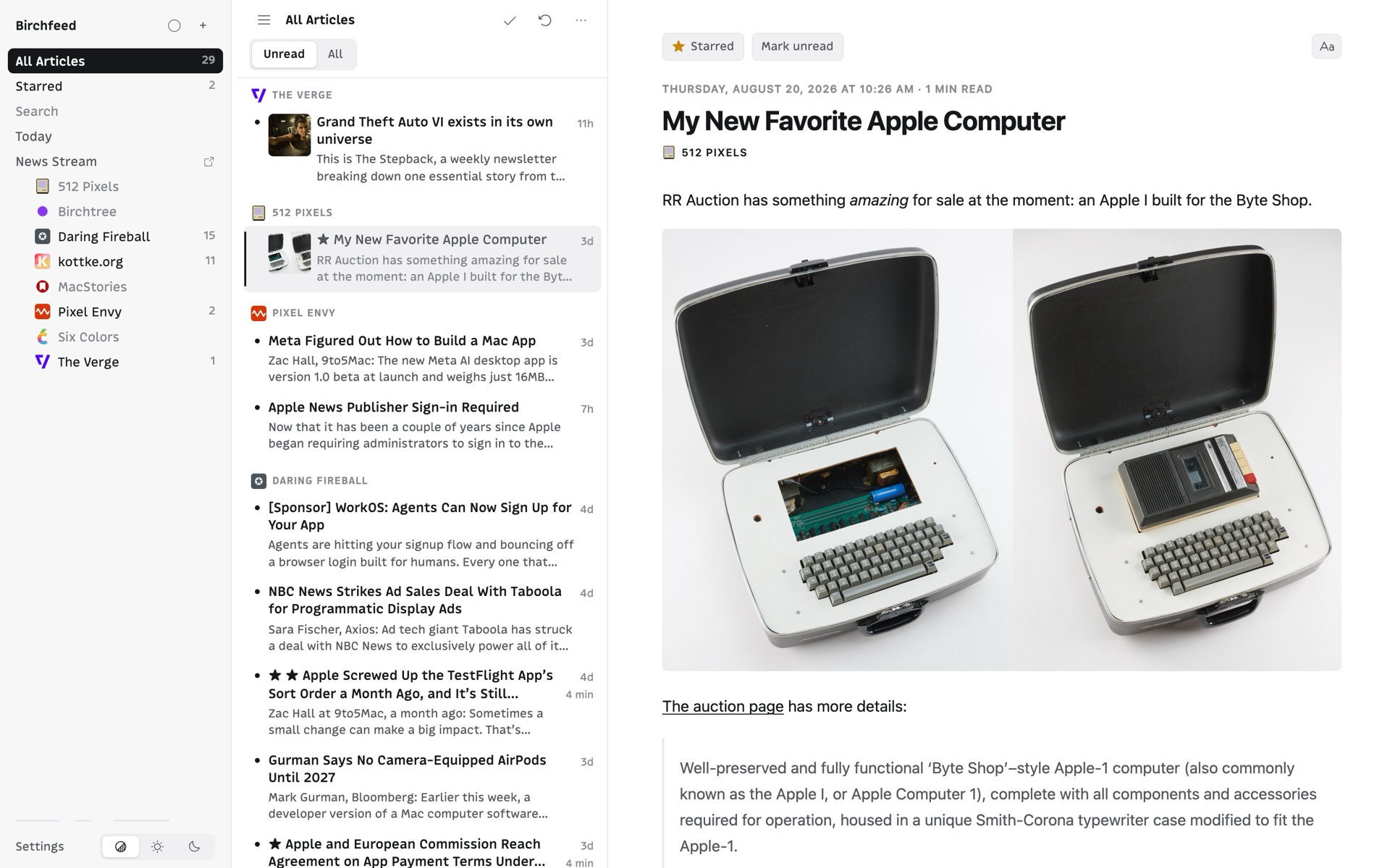 The Birchfeed web reader: a three-pane view with feeds on the left, an article list in the middle, and the open article on the right