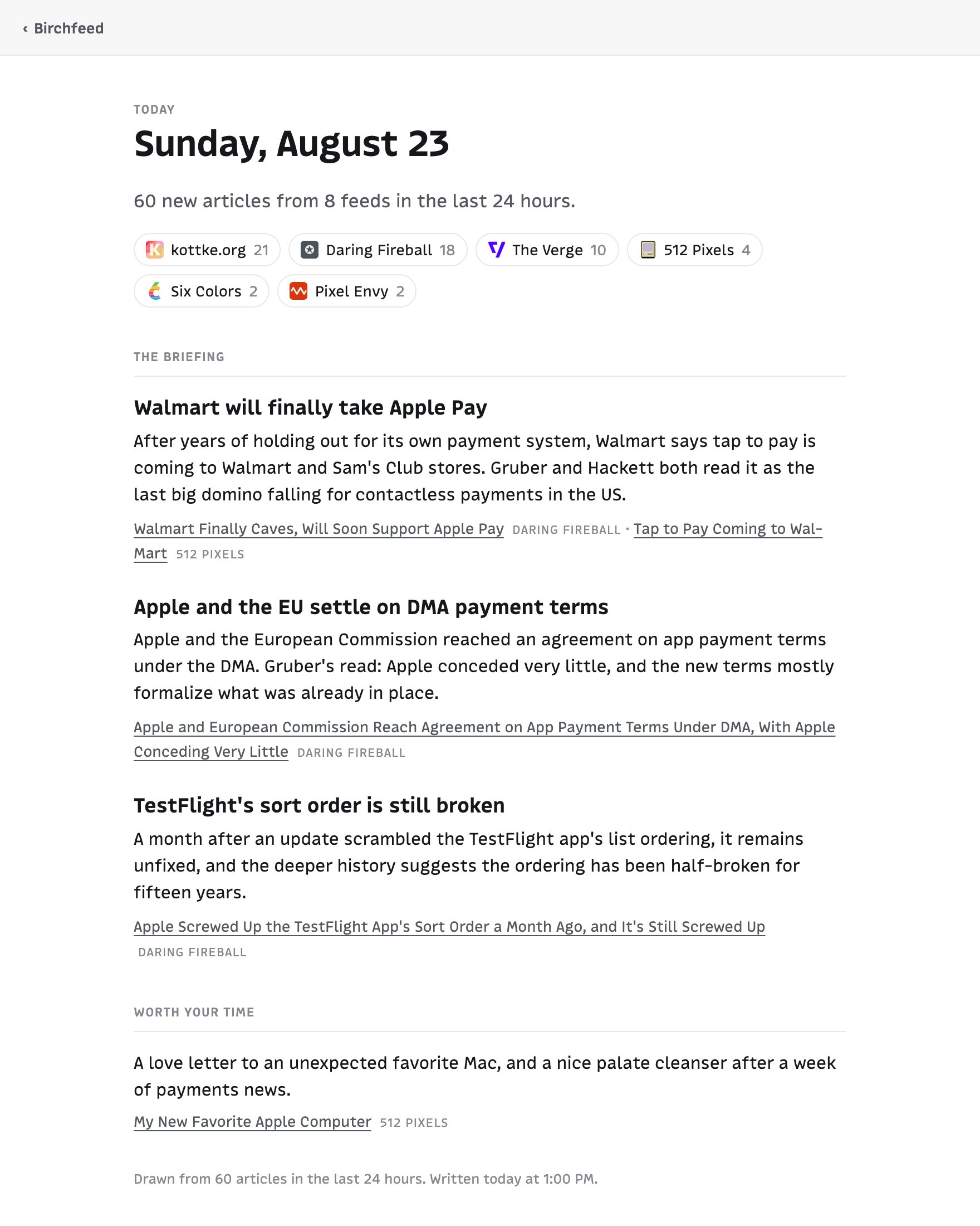 The Today page: the day's date, a written briefing, and the last 24 hours of arrivals grouped by feed