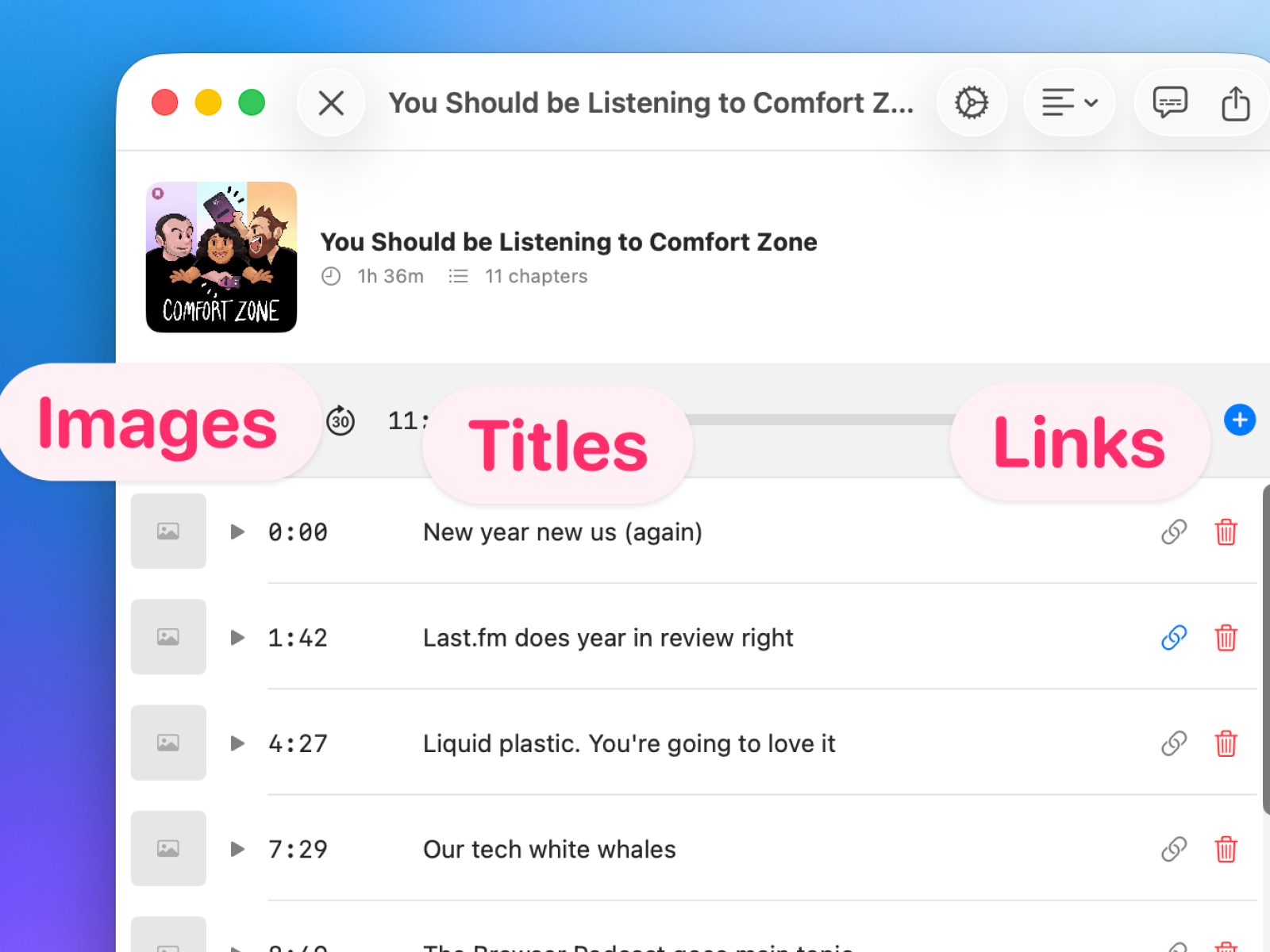 Chapter editing view showing title, image, and link fields
