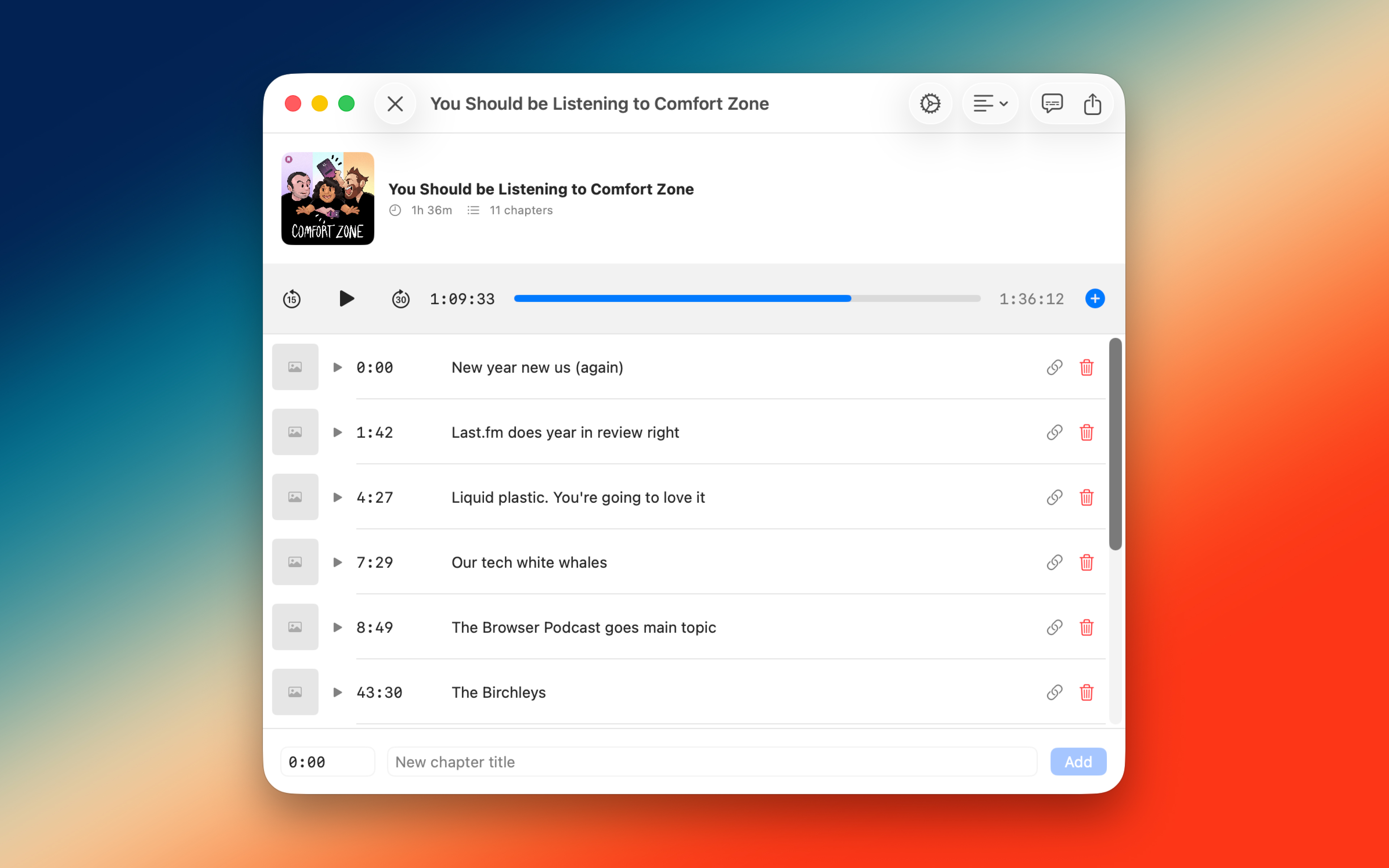 ChapterPod main interface showing playback controls and chapter list