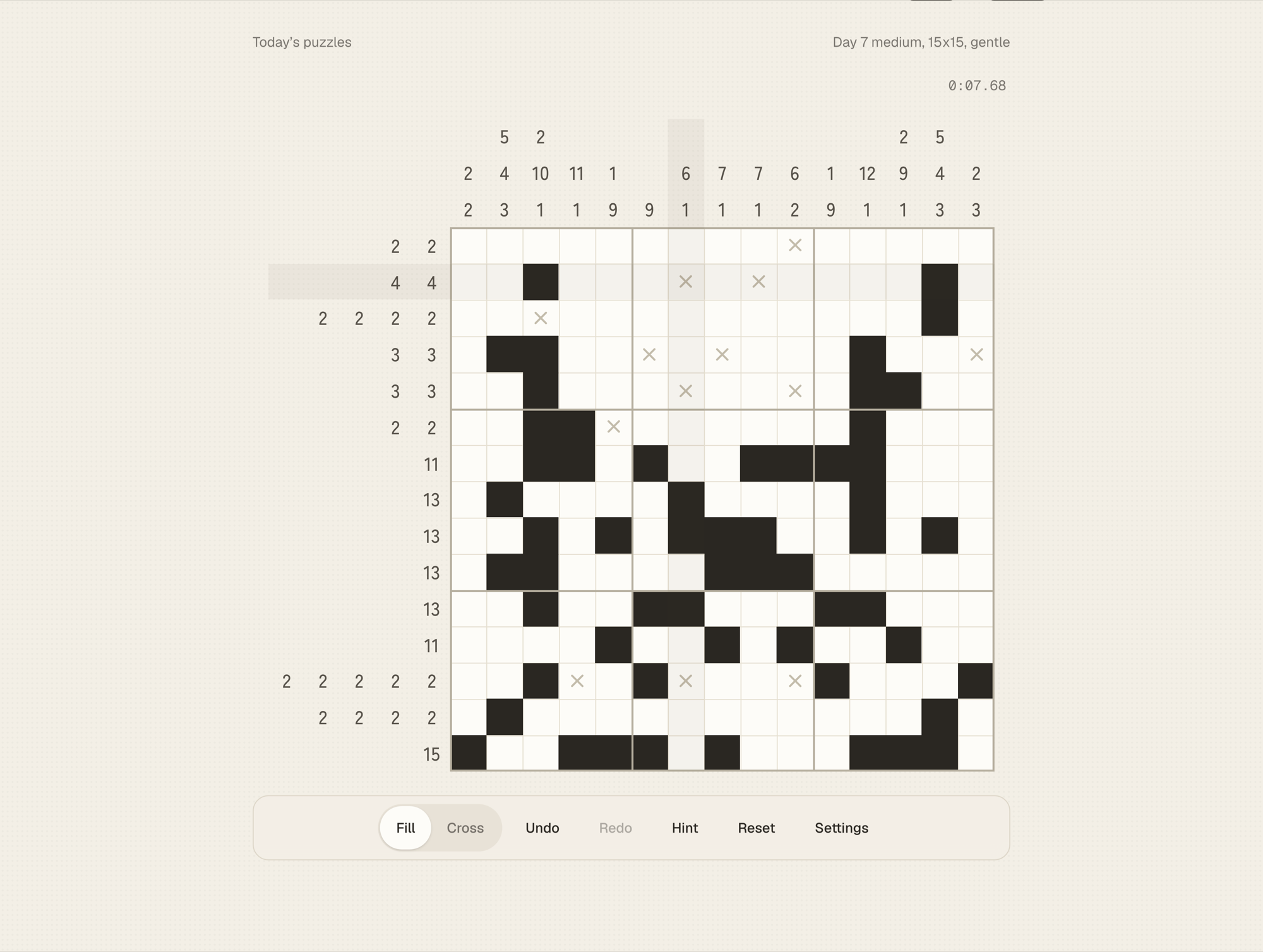 A 15x15 nonogame puzzle partway through being solved