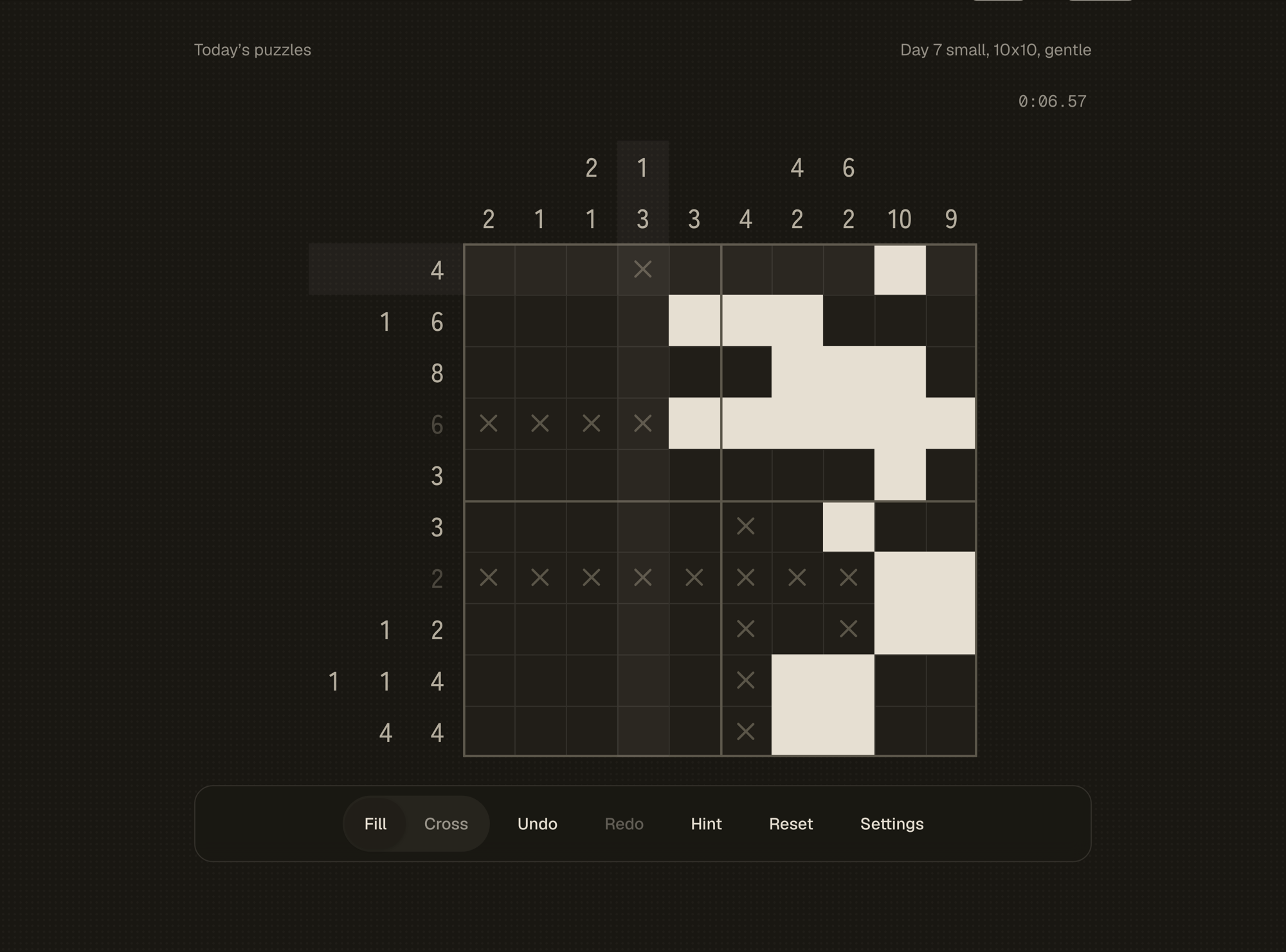 A nonogame puzzle in dark mode