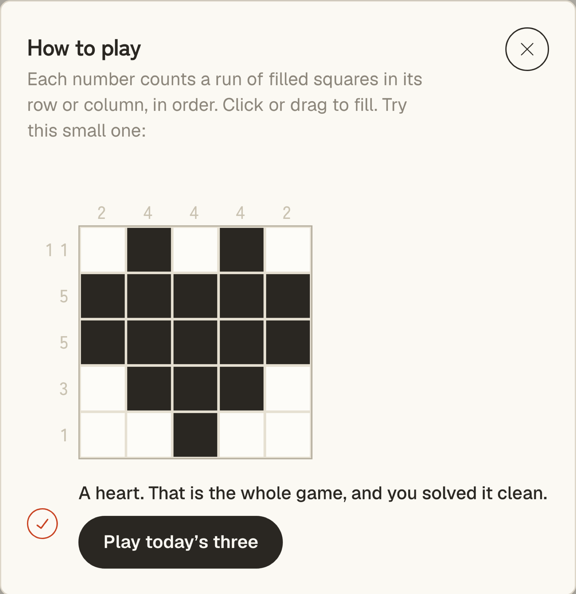The how to play tutorial with a solved heart puzzle