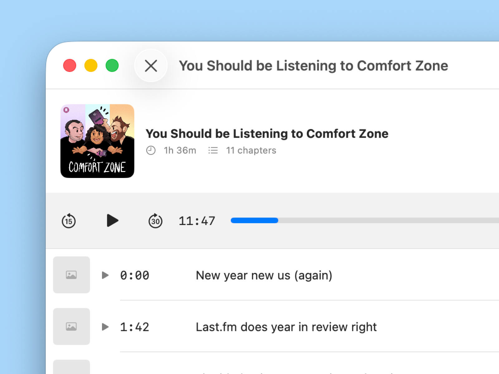 Playback controls alongside the chapter list