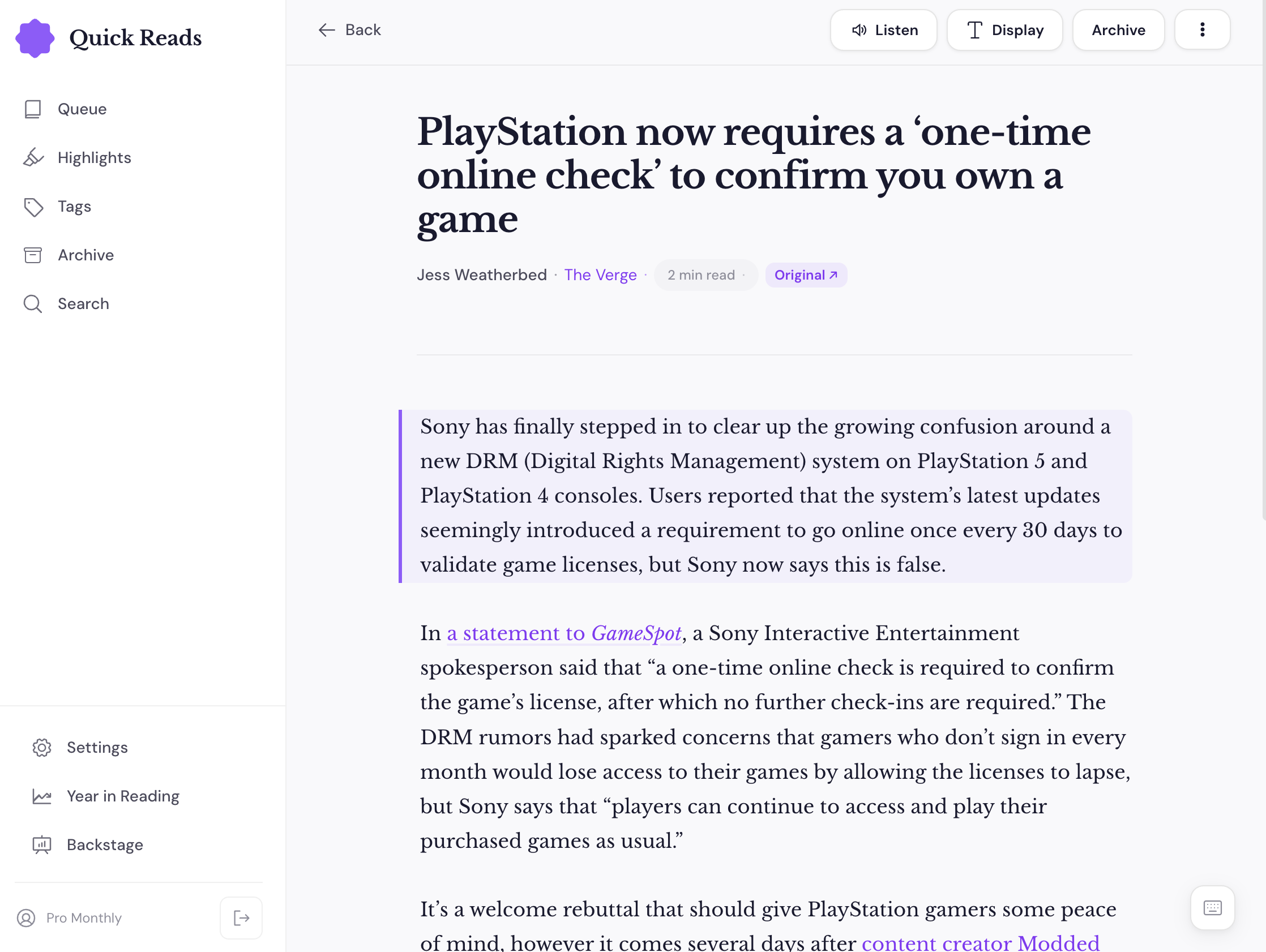 Quick Reads app screenshot