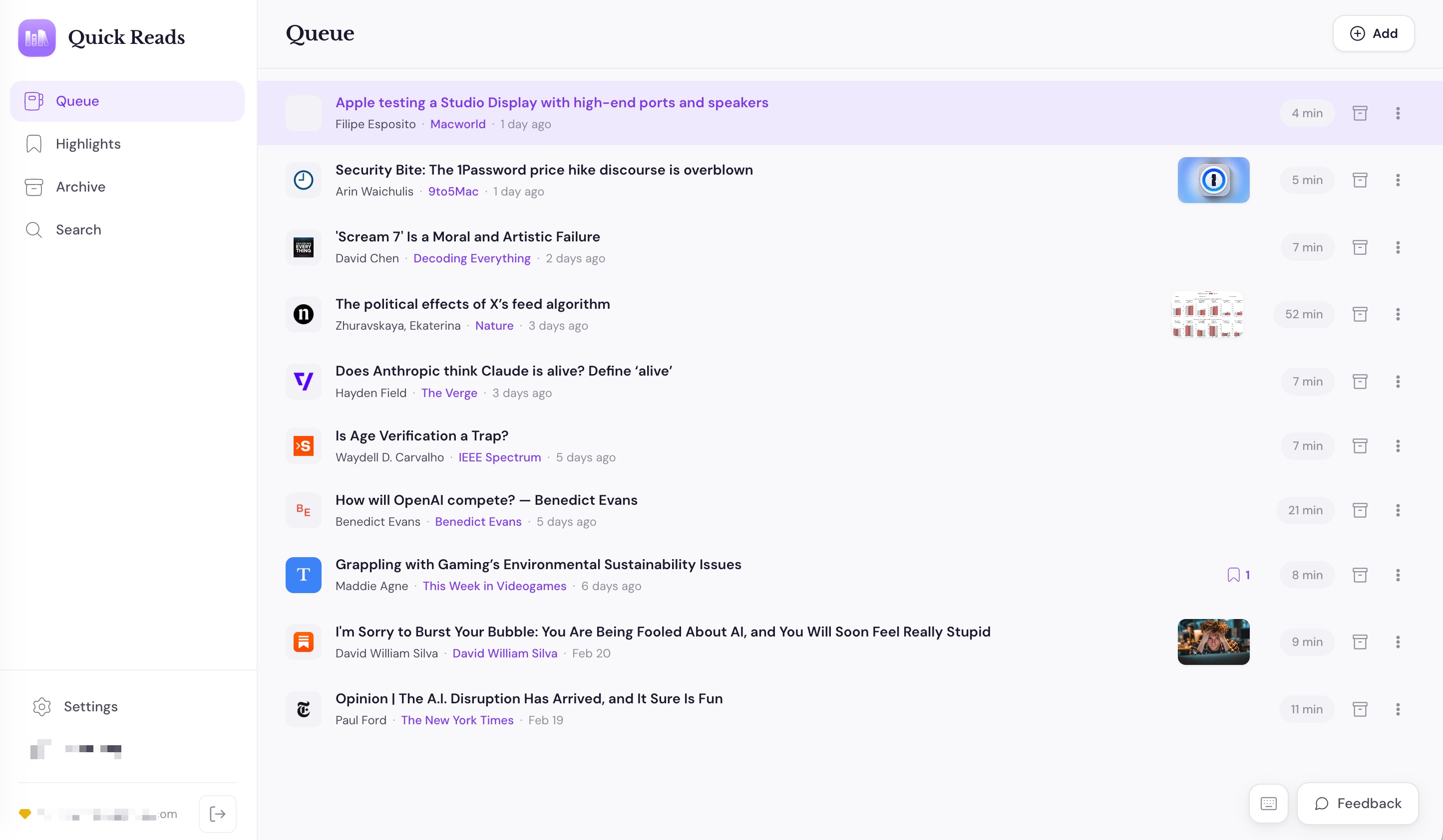 Your reading queue in Quick Reads