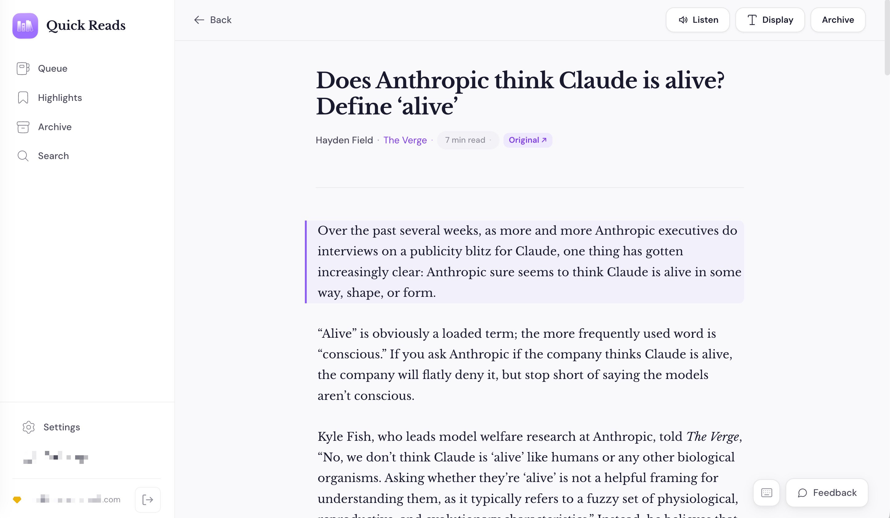 Distraction-free article reader
