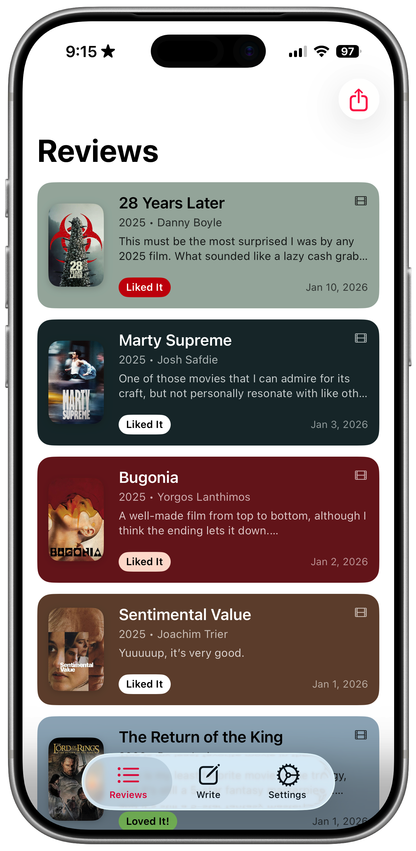 Quick Reviews app showing review history