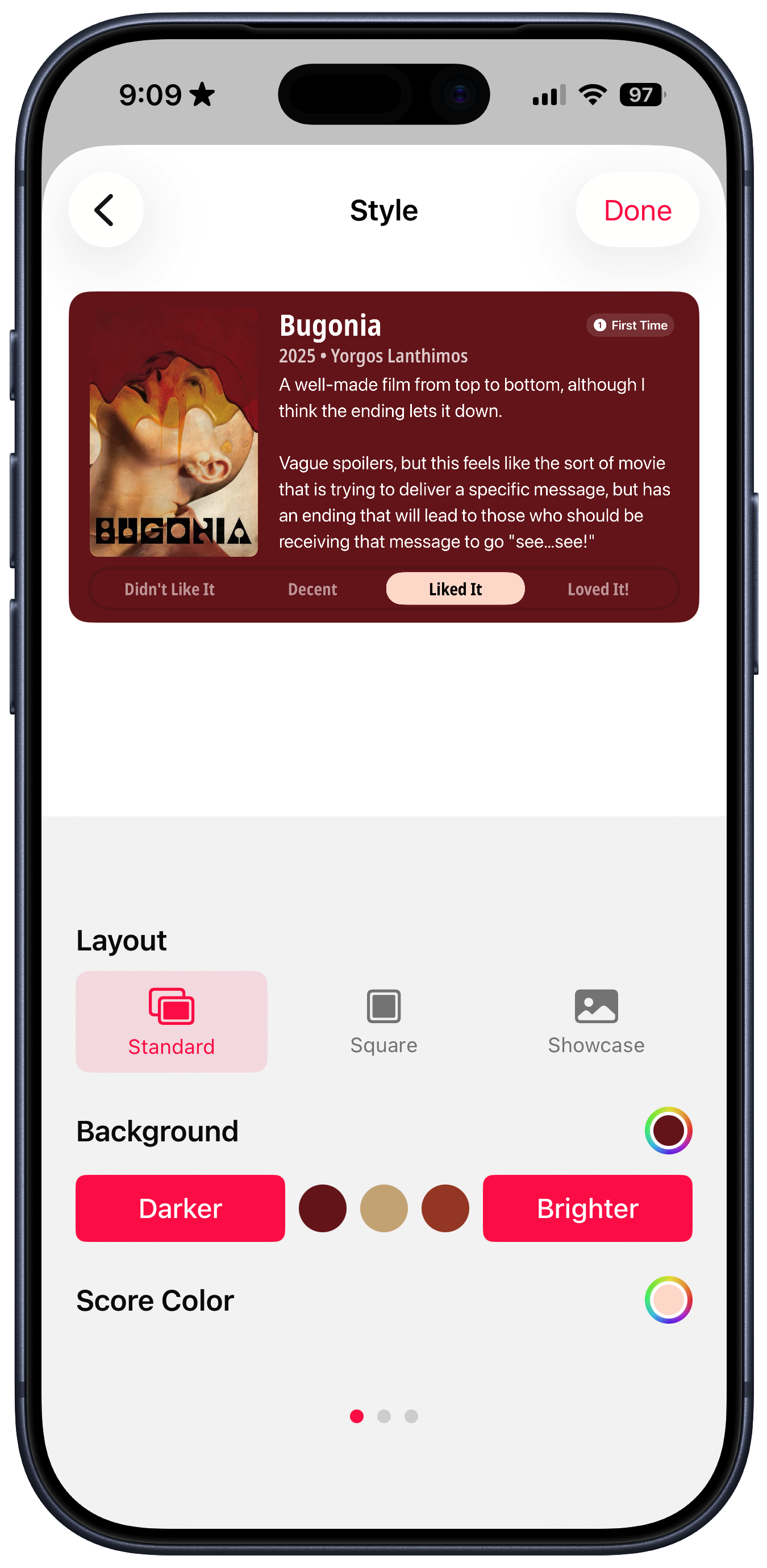 Quick Reviews app showing customization options
