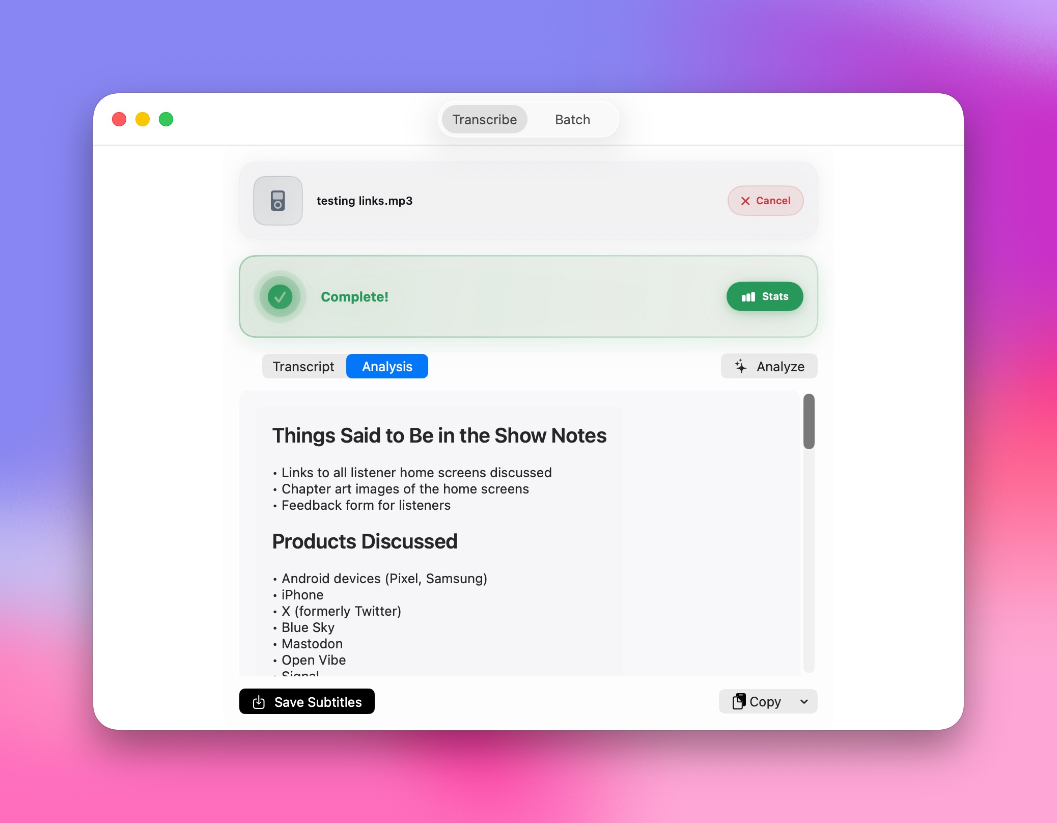 Quick Subtitles analysis feature