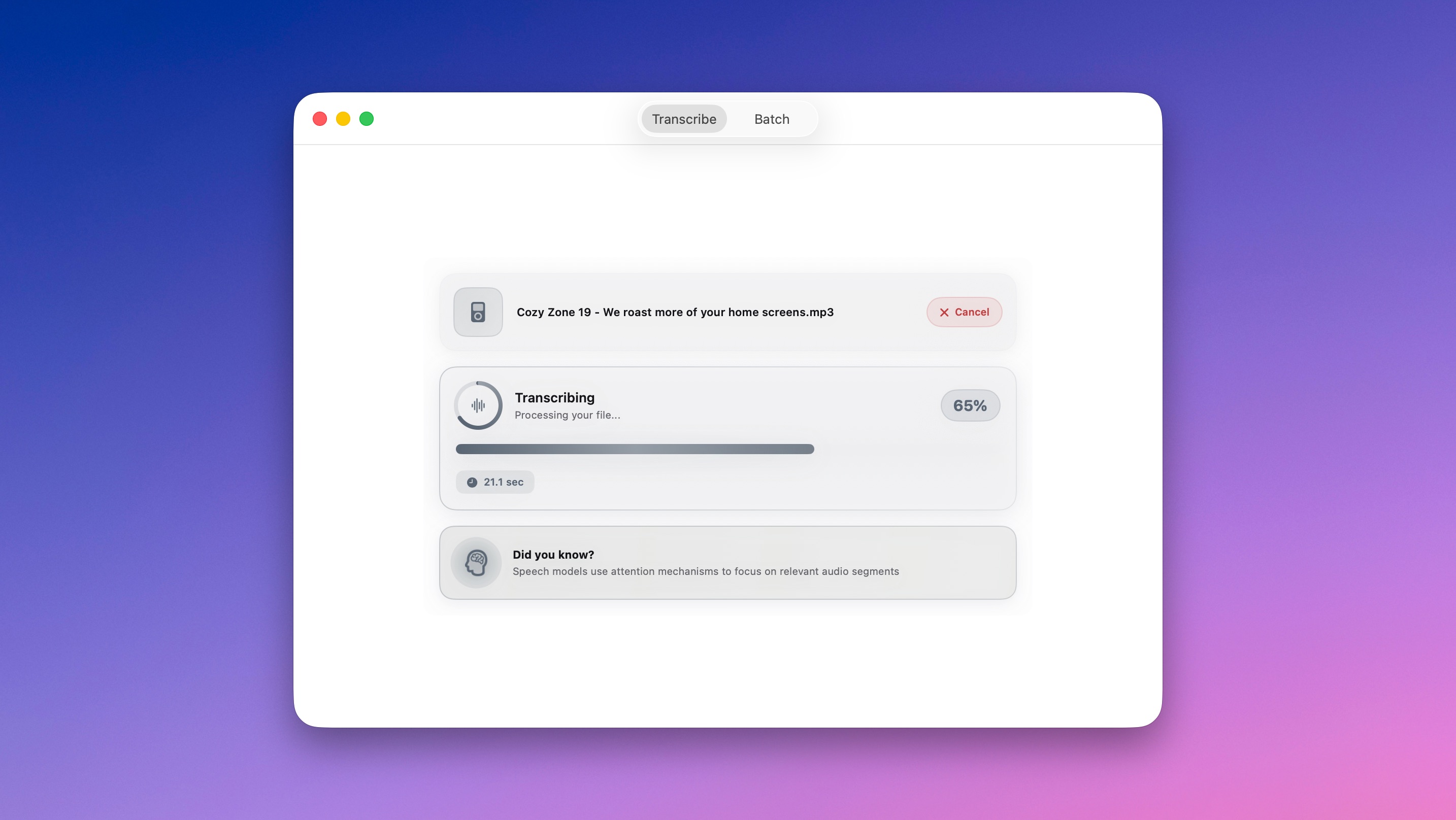 Quick Subtitles app showing transcription in progress