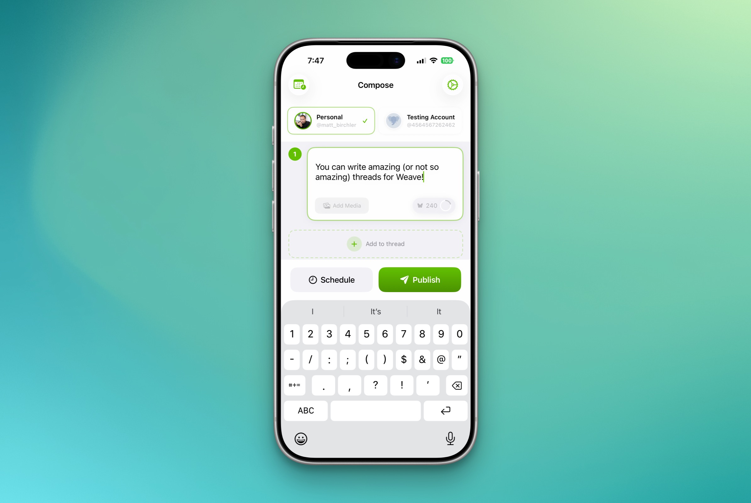 Weave app showing the compose screen with multi-platform publishing