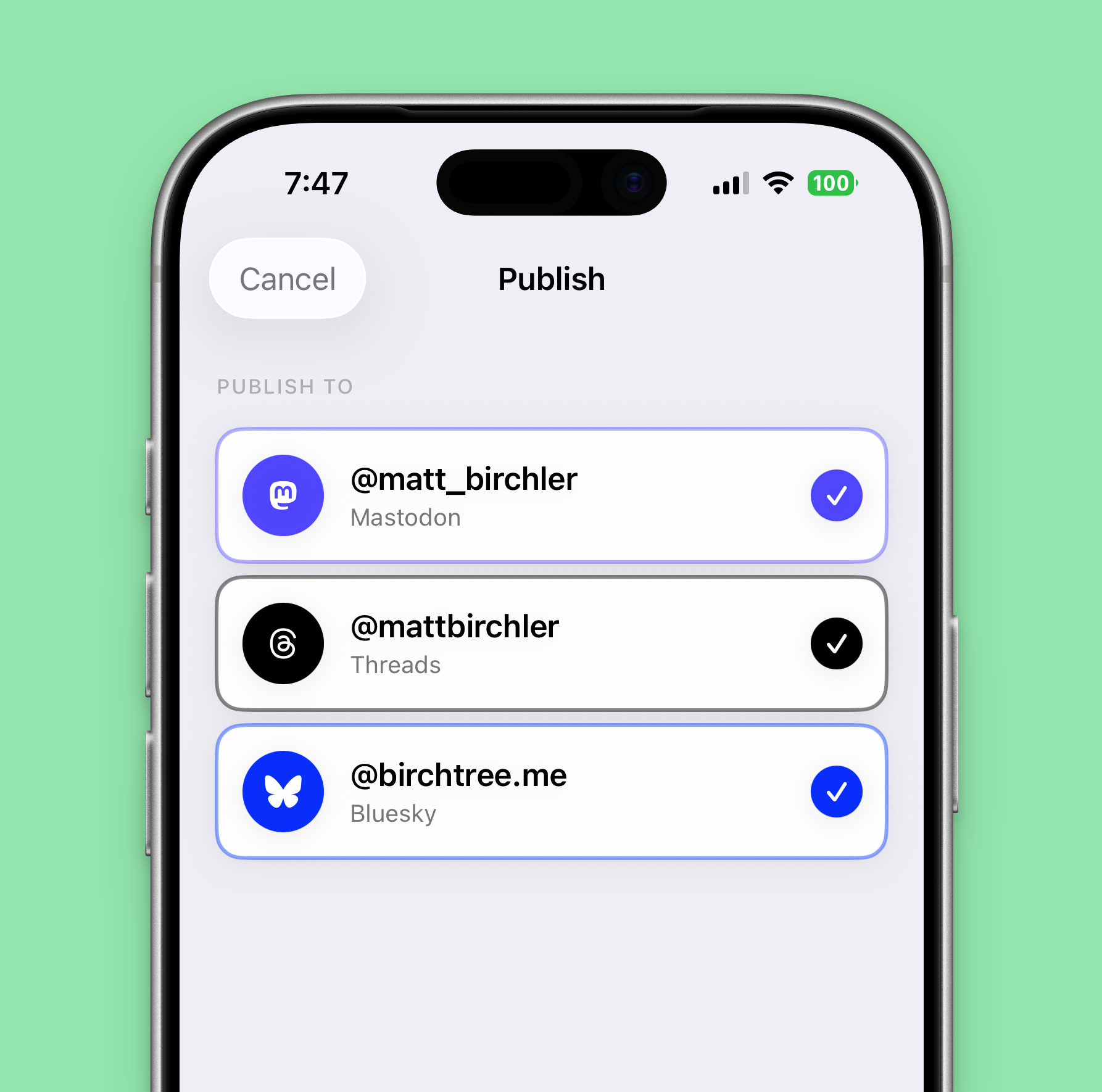 Weave app showing platform picker with connected accounts