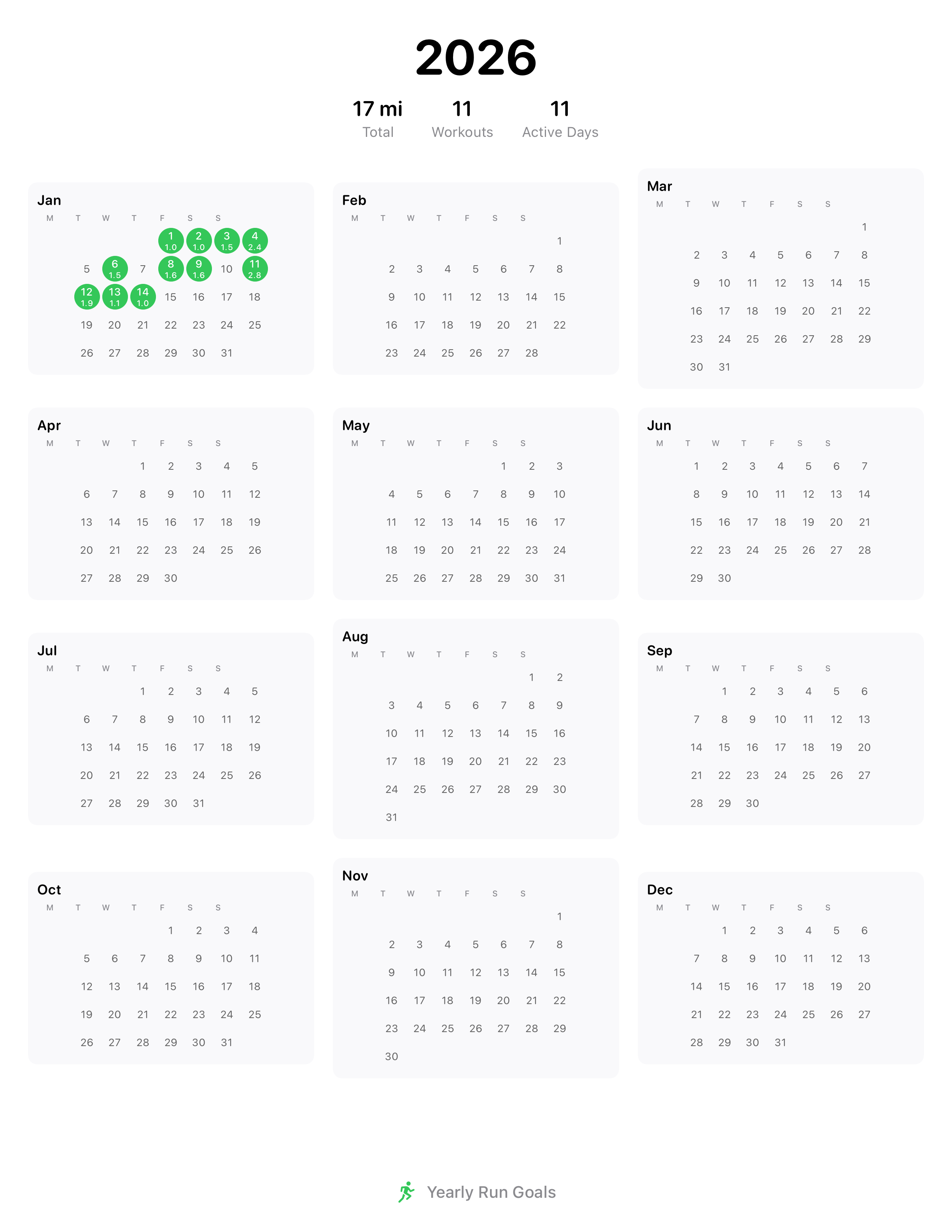 Year calendar export showing workout days