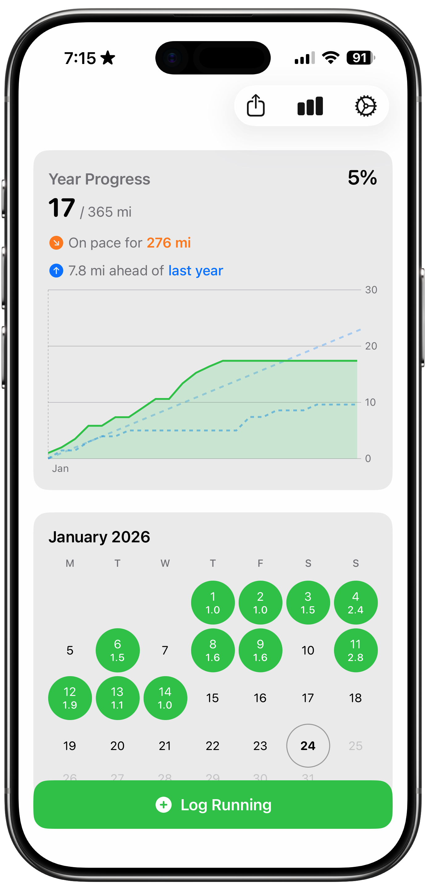 Progress chart showing cumulative distance over the year
